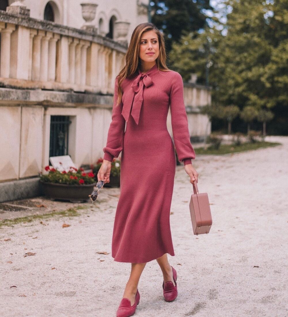 Gal Meets Glam Knit Pink Tie Neck Long Sleeve Sweater Dress Midi Medium Brianna